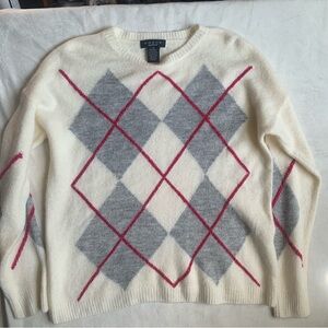 Grace Argyle Pull Over Sweater Cream Gray Pink Size M